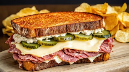 A traditional Reuben sandwich with provolone cheese