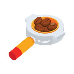 A coffee portafilter filled with fresh roasted coffee beans.