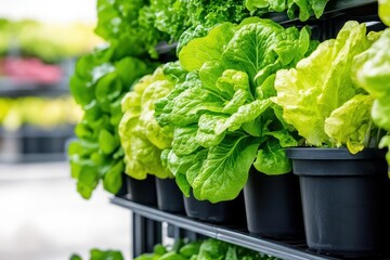 A vertical garden wall with various plants growing in black pots