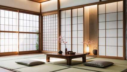 Experience the serenity of traditional Japanese interior design with a harmonious blend of natural materials, soft lighting, and minimalist aesthetics. The tatami flooring, shoji screens, and wooden f