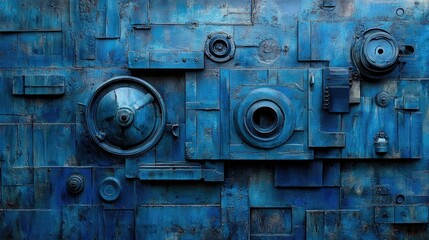 A bold dark blue metallic industrial wall with layered panels and embossed steel elements.