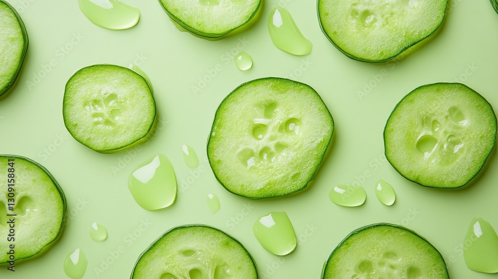 Poster fresh cucumber slices on a light green background, adorned with droplets, creating a vibrant and ref