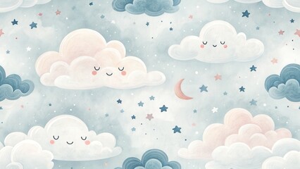 Adorable Digital Art  of Cute Desserts. Whimsical clouds and stars create a dreamy, serene sky pattern. seamless background.
