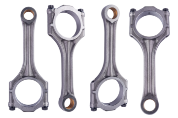 st collection of four connecting piston or con rod made of metal isolated white background. car engine or motor spare part repair service concept.