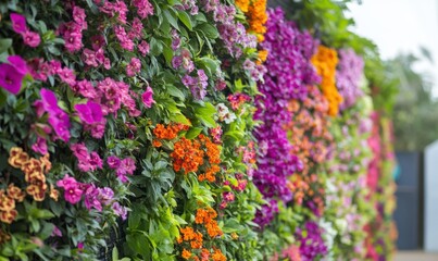 Obraz premium Lush vertical garden with vibrant flowers along a pathway.
