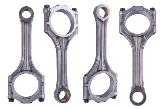 st collection of four connecting piston or con rod made of metal isolated white background. car engine or motor spare part repair service concept.
