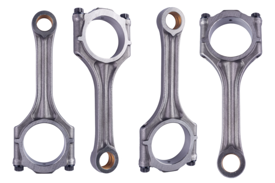 st collection of four connecting piston or con rod made of metal isolated white background. car engine or motor spare part repair service concept.