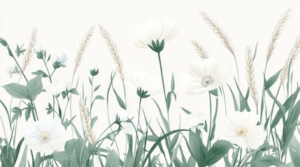 Gentle Light Botanical Print, Wheat and Cosmos in Muted Palette, Watercolor Style Illustration