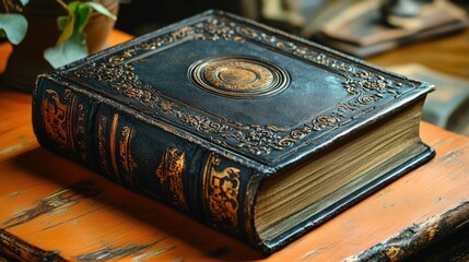 Antique book ornate leather cover golden details