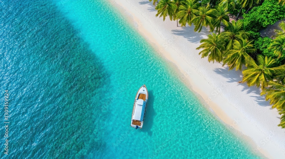 Poster aerial view of a tropical beach with palm trees and a boat