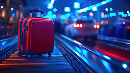 A bright red suitcase stands on a conveyor belt in a bustling transportation hub, illuminated by blue lights, indicating travel and adventure.