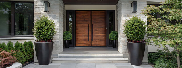 A front door of an upscale modern home with two large planters on either side
