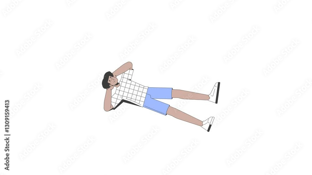 Poster young hispanic man in checkered tshirt lying on back with hands behind head 2d character animation. 