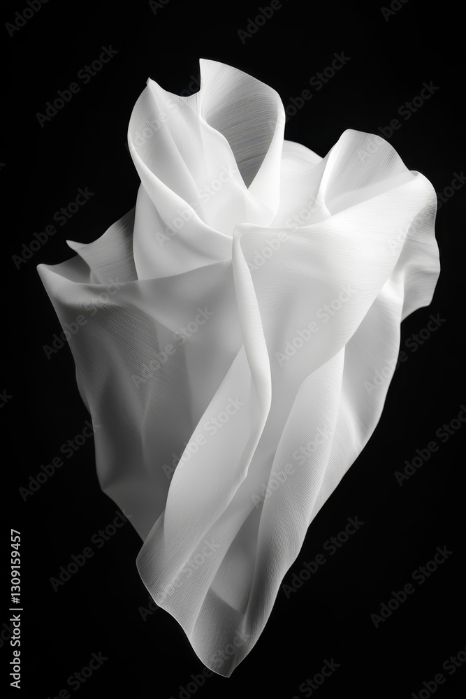 Poster exploring the elegance of draped fabric: a study in texture and form against a black background