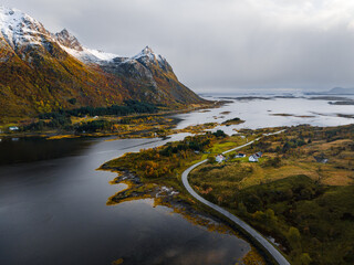 Experience the stunning aerial view showcasing the breathtaking autumn landscape found in Norway