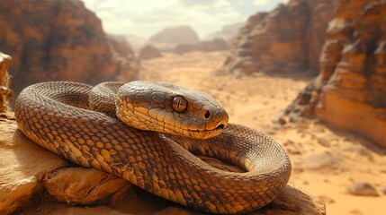 Fototapeta premium Desert snake coiled on rock, sunlit canyon backdrop