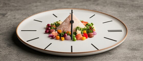 A creatively arranged dish resembling a clock, featuring a pyramid of food surrounded by colorful vegetables, symbolizing time and culinary art.