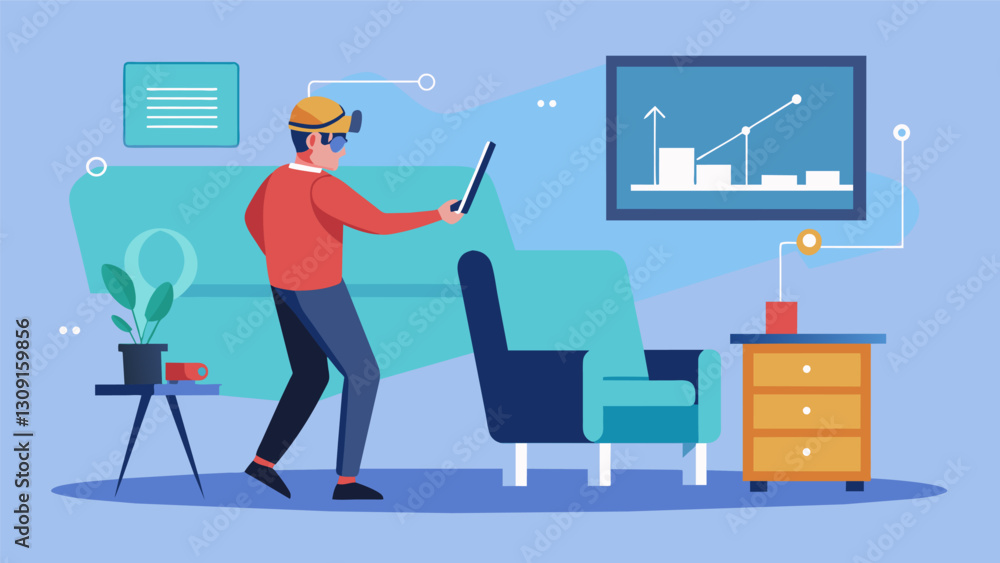 Poster with a vr controller in hand an architect adjusts the sizing and spacing of furniture in a virtual o
