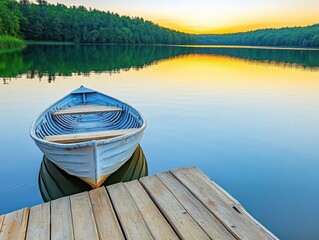 Obraz premium Beautiful lake with a rowboat and wooden dock at sunrise