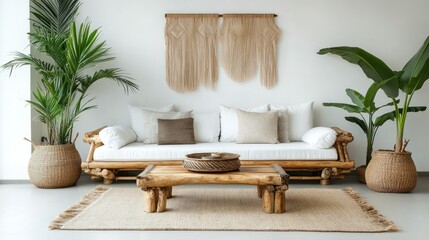 Bohemian Chic Living Room Decor:  Relaxing Wooden Sofa, Lush Plants, and Neutral Tones