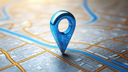 Blue location 3d icon marker or route gps position navigator sign and travel navigation pin road map pointer symbol isolated on white street address background with point direction discovery tracking.