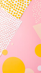 A pink background with yellow circles and white dots