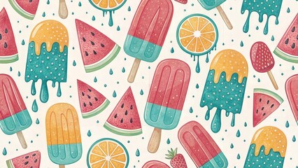 Adorable Digital Art  of Cute Desserts. Colorful ice pops and fruit pattern, perfect for summer themes. seamless background.