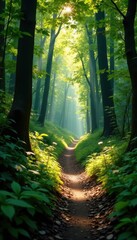 Obraz premium Narrow trail meanders, sunlight filtering through dense canopy, quiet, landscape, twig