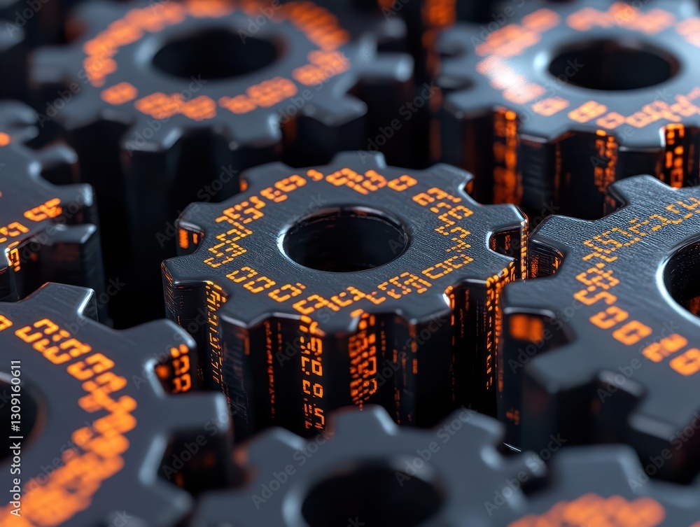 Leinwandbilder Cogs and gears made of binary code