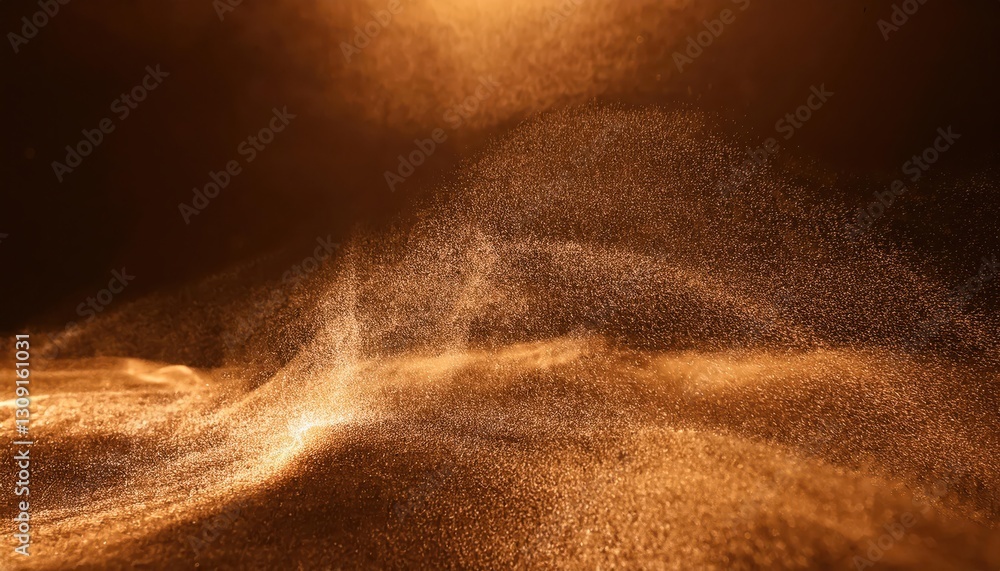 Poster golden dust explosion in dark space, abstract glowing powder particles in motion, warm light effect 