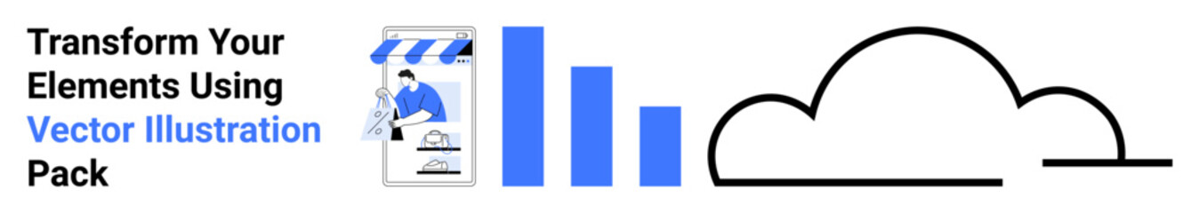 Online store graphic, bar chart, and cloud symbolizing digitalization, e-commerce, data, cloud computing, growth, technology innovation and analytics. Ideal for tech productivity business