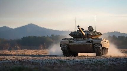 Military Tank Rolling Across Dusty Terrain With Mountain Background In Daylight