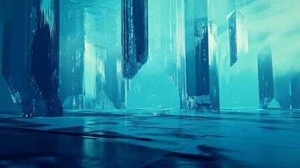 Abstract blue tunnel with light. Abstract abstract abstract cyberspace with horizontal vertical space. Generative ai with transparent blue background. Indistinct blue lifestyle corridor illuminated.