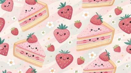 Adorable Digital Art  of Cute Desserts. Colorful pattern of smiling strawberry cakes and strawberries on a light background. seamless background.