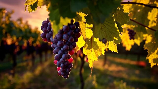 Vibrant grape clusters basking in golden sunlight in a lush vineyard during harvest season