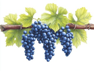 Grapes on grapevines, green leaves, and blue grapes hanging from the vine, vintage illustration, white background, detailed botanical drawing, cutout