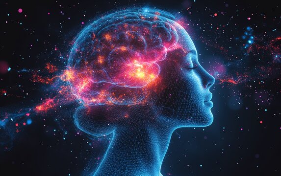 Highlighted brain areas on human head, illustrating neurofeedback and mindfulness meditation process, focus improvement, digital visualization of brain activity and health