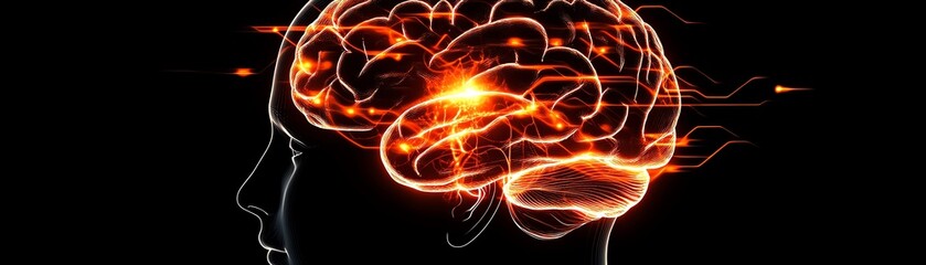 Human head with emphasized brain areas, representing neurofeedback and mindfulness meditation, focus enhancement, digital brain function illustration with healthy activity
