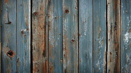 Fototapeta premium Close-up of aged, weathered wooden planks with chipped paint and peeling varnish, showcasing rich texture and rustic character, ideal for nostalgic projects like scrapbooking or junk journaling.