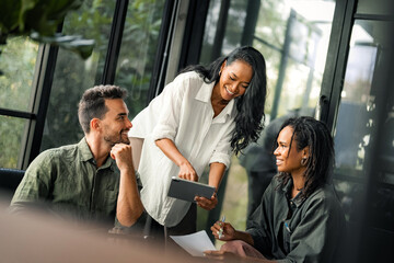Success group of multiethnic entrepreneurs and business people achieving goals in corporate office