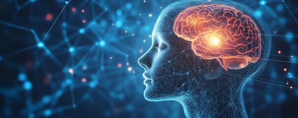 Human head with highlighted brain, visualizing neurofeedback and mindfulness meditation process, improving focus, digital illustration of brain function and healthy activity