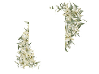 White lilies in diagonal semicircular template in watercolor floral frame isolated on transparent background.Hand drawn clipart sage leaf colors.For wedding invitations,baptism,birthday,funeral