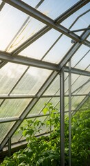 Greenhouse interior with sunlight streaming through glass roof. Sustainable agriculture, plant cultivation, and gardening concept. Eco-friendly farming structure for growing vegetables