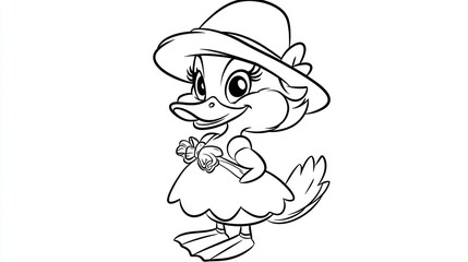 Naklejka premium Cute duckling in dress, coloring book illustration