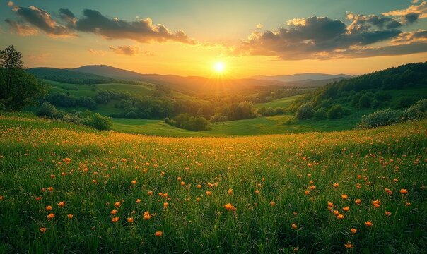 Sunset illuminates vibrant wildflowers across rolling hills.