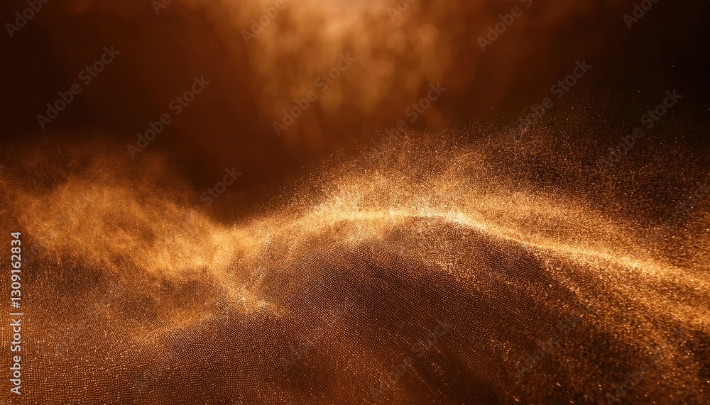 Poster golden dust explosion in dark space, abstract glowing powder particles in motion, warm light effect 