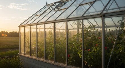 Fototapeta premium Greenhouse with tomato plants at sunset. Organic vegetable cultivation. Sustainable agriculture concept. Backyard gardening for fresh produce. Glass structure with copy space