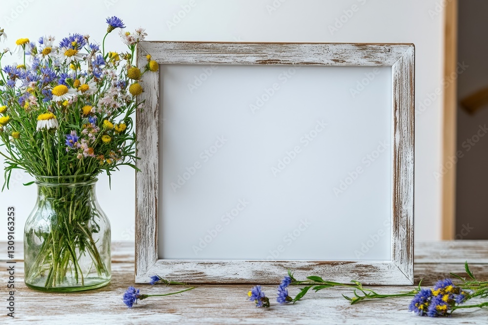 Poster a rustic photo frame sits empty on a country-style dining table adorned with a vase of vibrant wildf