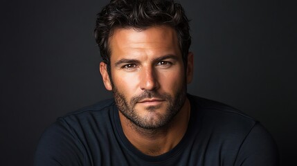 Man poses against dark backdrop for portrait photo use