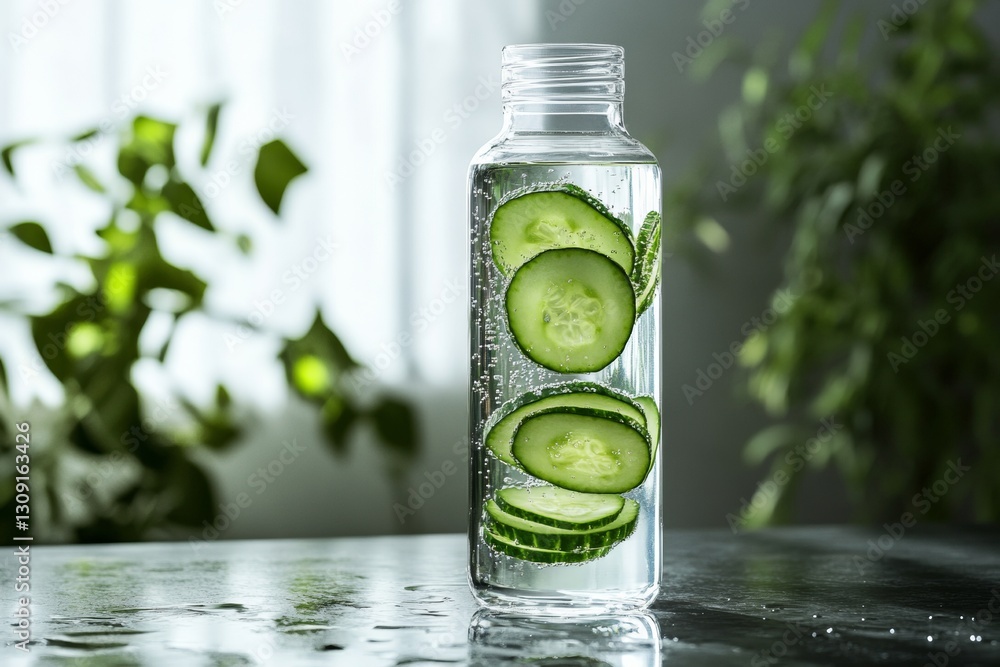 Poster cucumber slices float in a clear water bottle, showcasing condensation and a crisp aesthetic. the ba